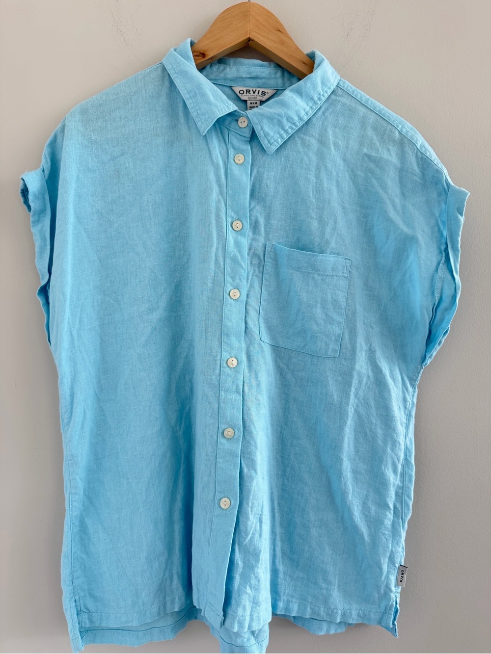 Orvis Linen Blend Blue Button Front Shirt Relaxed Coastal Lightweight Top Size M